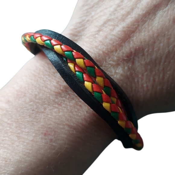 B264 Unisex Rasta Stacking Braided Leather Adjustable Bracelet - Picture 3 of 12
